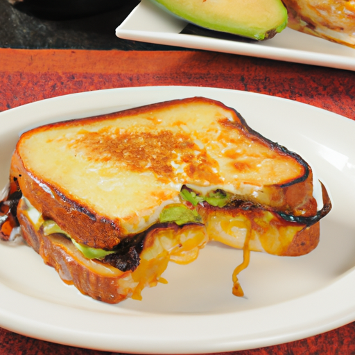 A gourmet grilled cheese sandwich with caramelized onions and avocado