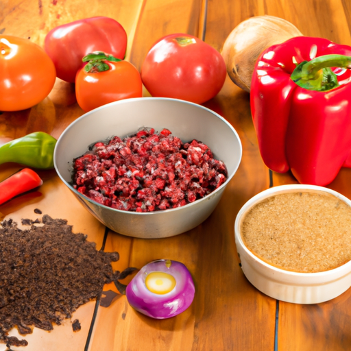 Fresh ingredients for Dutch oven chili including ground beef, tomatoes, beans, and spices