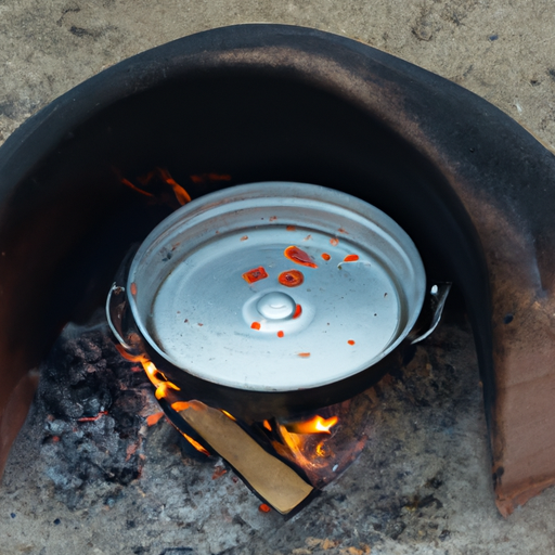 A cast iron Dutch oven sitting over a campfire, ready to cook a mouthwatering pizza